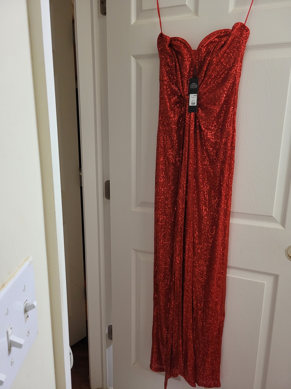 Fashion Nova Red Sequin Strap Evening Gown